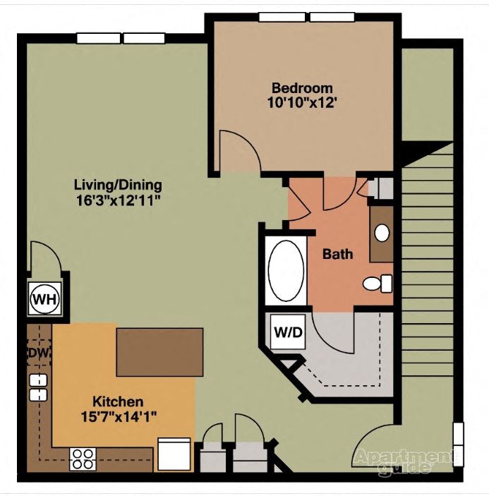 Floor plan for 1 bed, 1 bath, 899 sqft